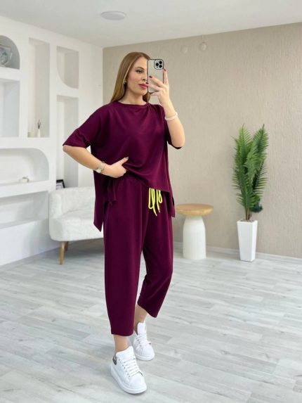 Kadın Kısa Kollu Bisiklet Yaka Viskon Iki Iplik Bluz Ve Pantolon Ikili Takım