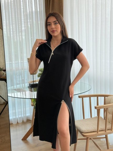 Kadın Kısa Kollu Yakadan Ve Etekten Fermuarlı Midi Viskon Iki Iplik Elbise