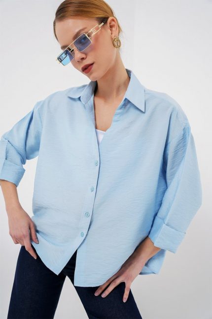 Oversize Kısa Kol Gömlek 20315 - Mavi