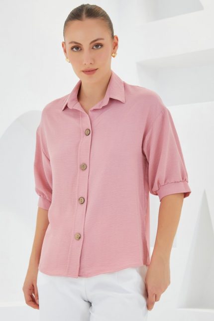Pembe Kısa Kol Oversize Keten Gömlek 20240