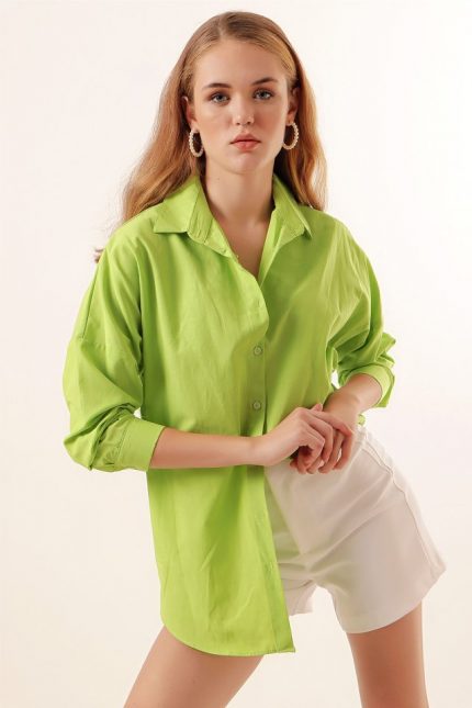 3900 Oversize Uzun Basic Gömlek - G.Yeşil