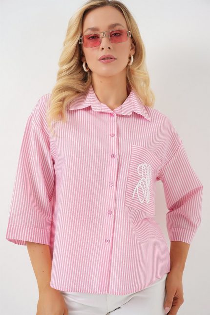 Tek Cep Nakışlı Gömlek 20328 - Pembe