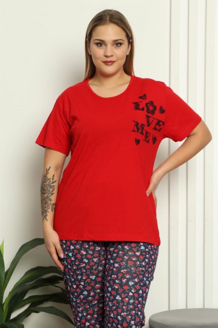 Modelisse - Kadın %100 Pamuk Kısa Kol Büyük Beden Pijama Takım 202144