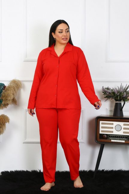 Modelisse - Kadın Büyük Beden Pamuklu Cepli Düğmeli Kırmızı Pijama Takım 202401