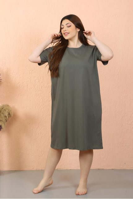 Modelisse - Kadın Büyük Beden Penye Kısa Kol Haki Gecelik 12502