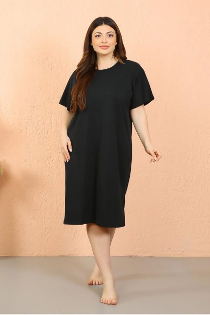 Modelisse - Kadın Büyük Beden Penye Kısa Kol Siyah Gecelik 12502