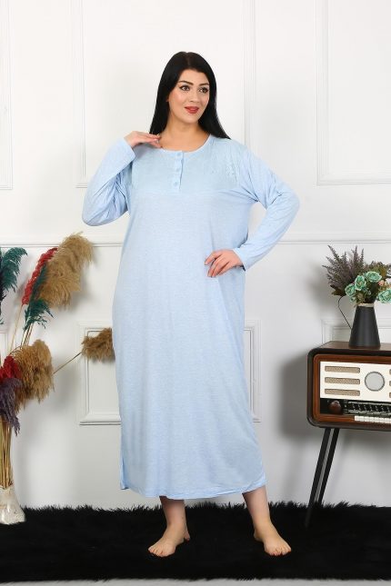 Modelisse - Kadın Büyük Beden Uzun Kol Dantelli Mavi Anne Gecelik 1361