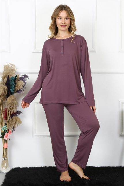 Modelisse - Kadın 4XL-5XL-6XL-7XL-8XL Büyük Beden Mürdüm Uzun Kol Pijama Takım 75013