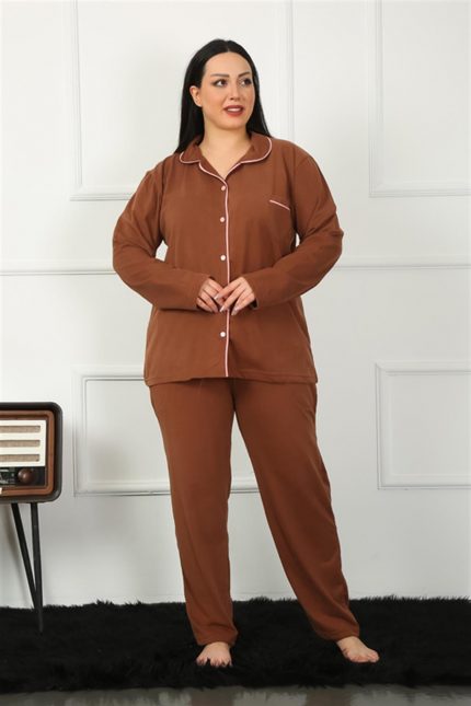 Modelisse - Kadın Büyük Beden Önden Düğmeli Kahve Pijama Takım 202185