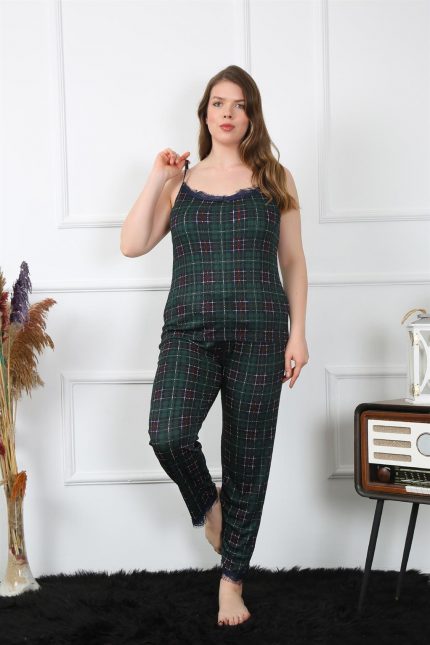 Modelisse - Kadın Büyük Beden Yeşil Ekoseli İp Askılı Pijama Takım 202197